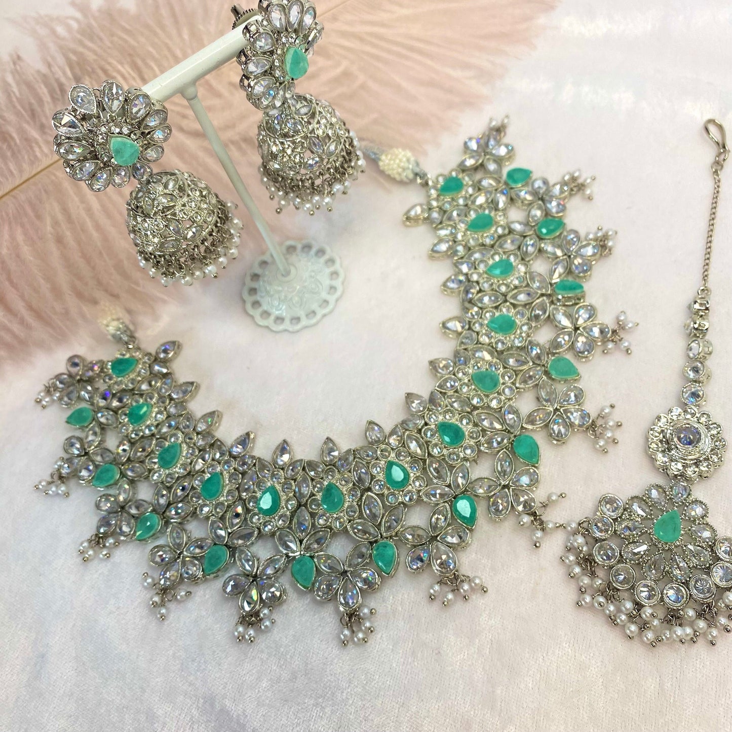 Silver and Mint Bridal Choker Set Indian/ Pakistani Style/ Wedding/ Fashion Jewellery/ Necklace set