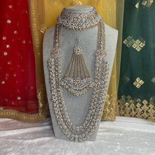 Sparkly Silver Choker, Mala and Jhumar - Silver and Peach Indian/ Pakistani Style With Jhumar