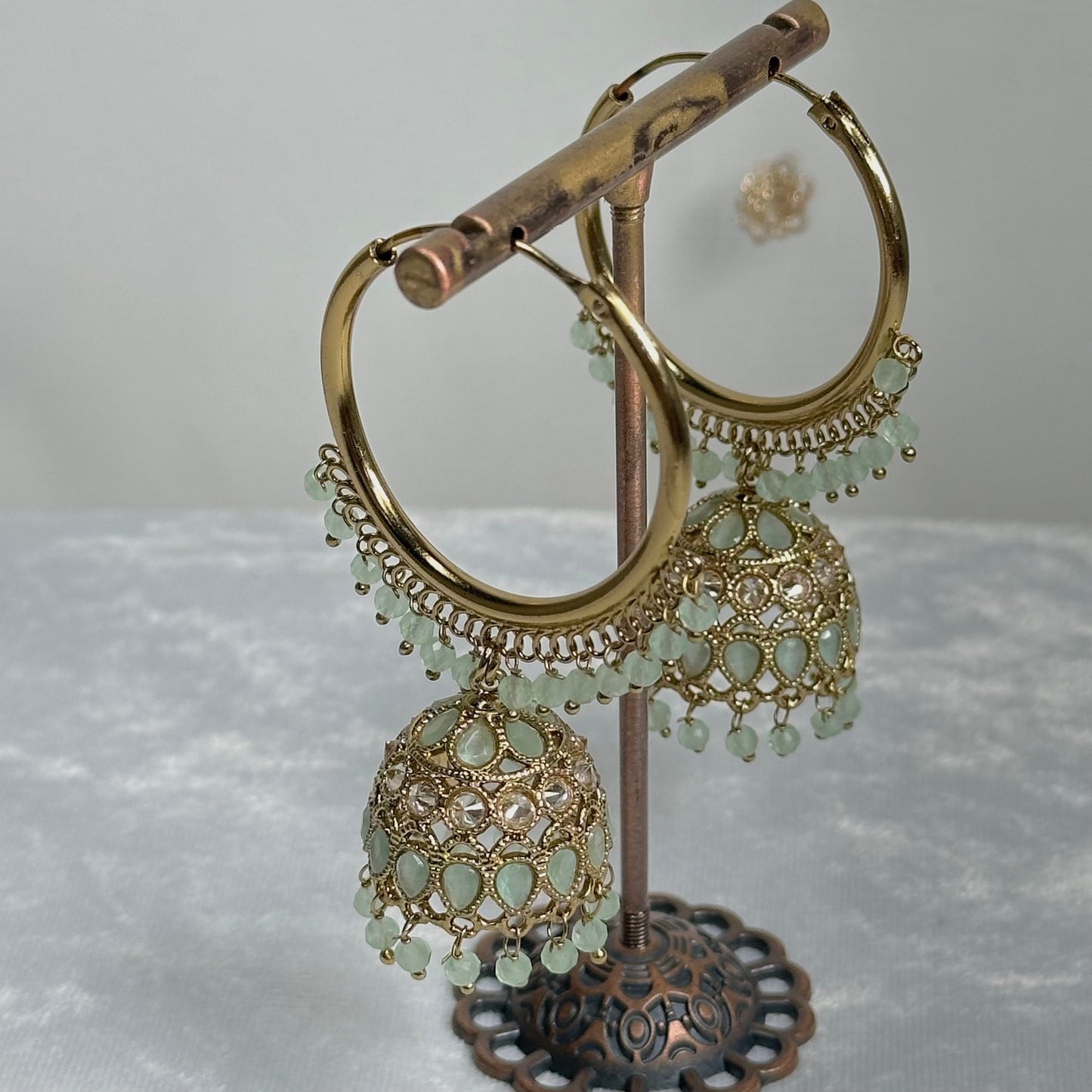 Mint Crystal Jhumka Hoop Earrings