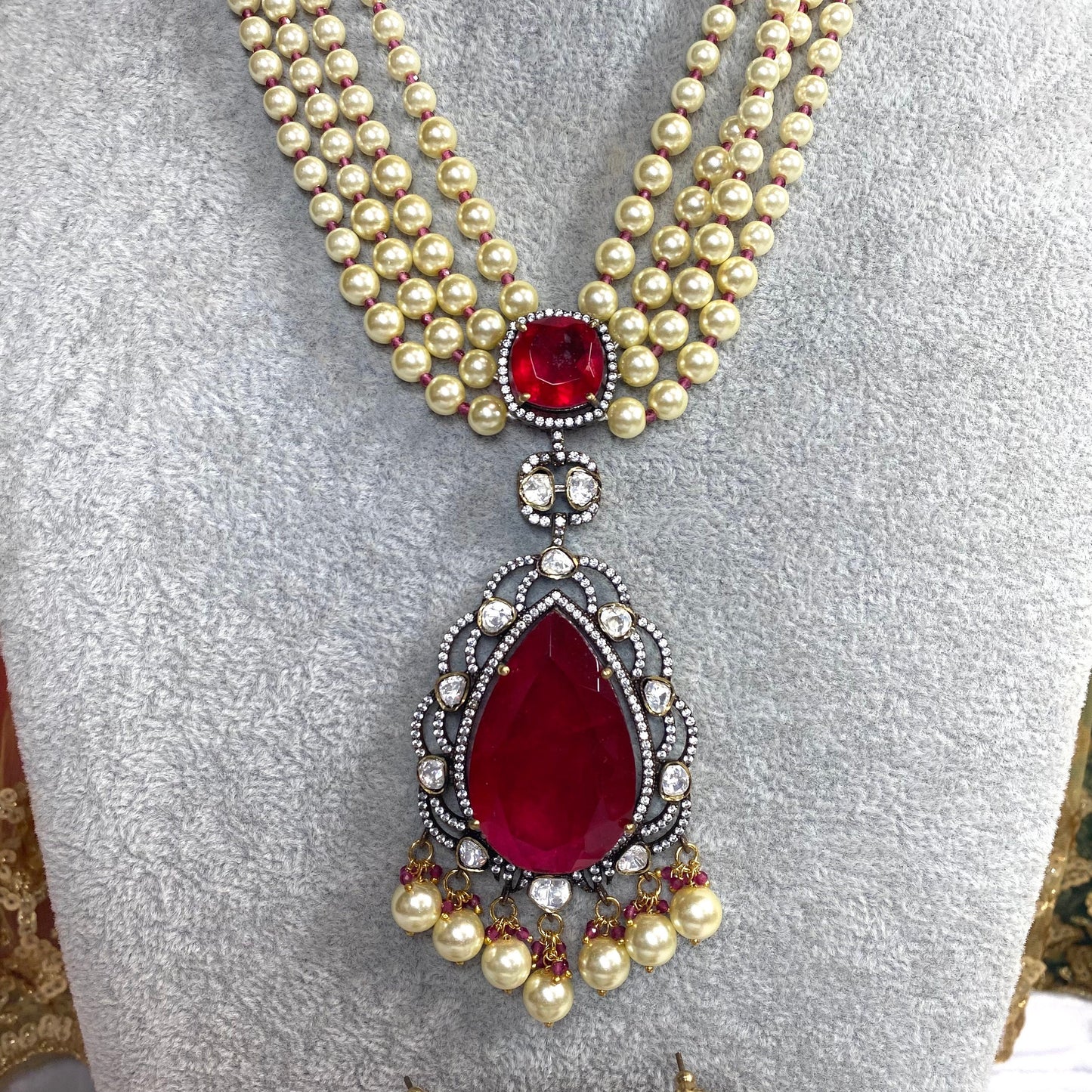 Ruby long necklace set - pearl Earring/ Tikka/ Tikli/ Indian/ Pakistani/Fashion Jewellery/ Gift for Women
