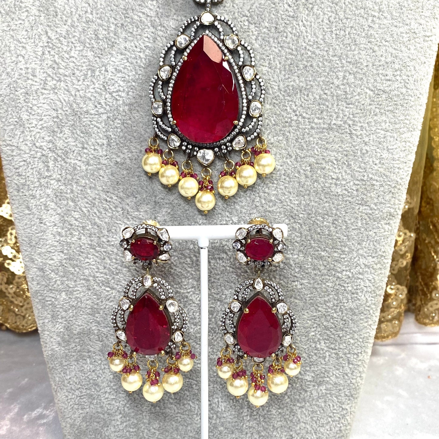 Ruby long necklace set - pearl Earring/ Tikka/ Tikli/ Indian/ Pakistani/Fashion Jewellery/ Gift for Women