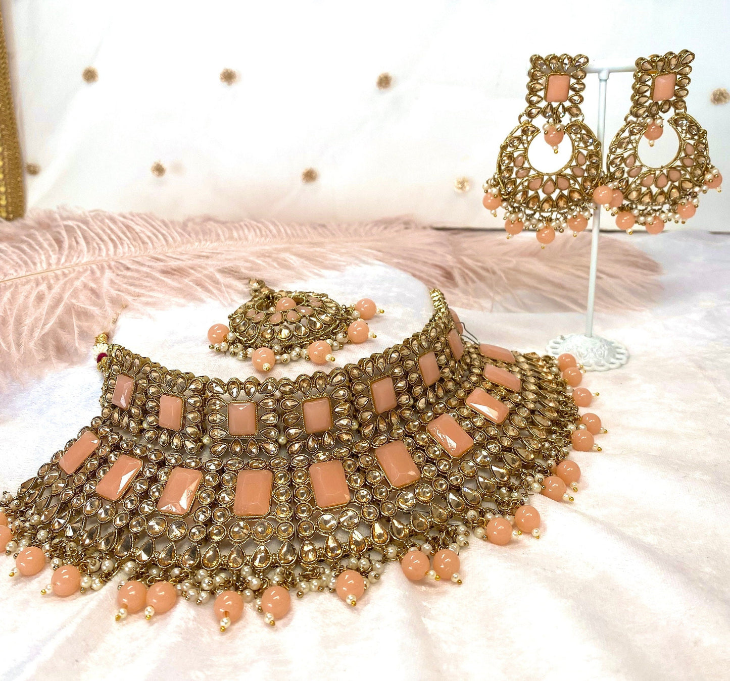 Chunky Bridal Champagne Choker Set Indian/ Pakistani Style/ Wedding/ Fashion Jewellery/ Necklace set