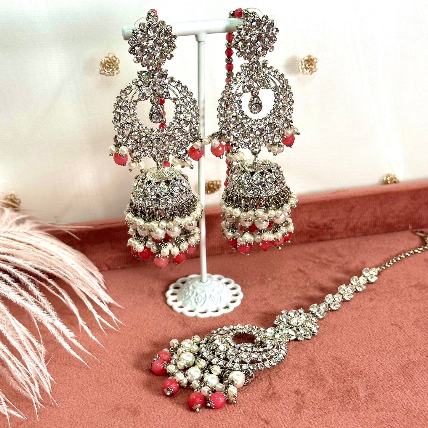 Silver Jhumka Earring and Tikka Set/ Jhumki Earring Indian/ Pakistani Style