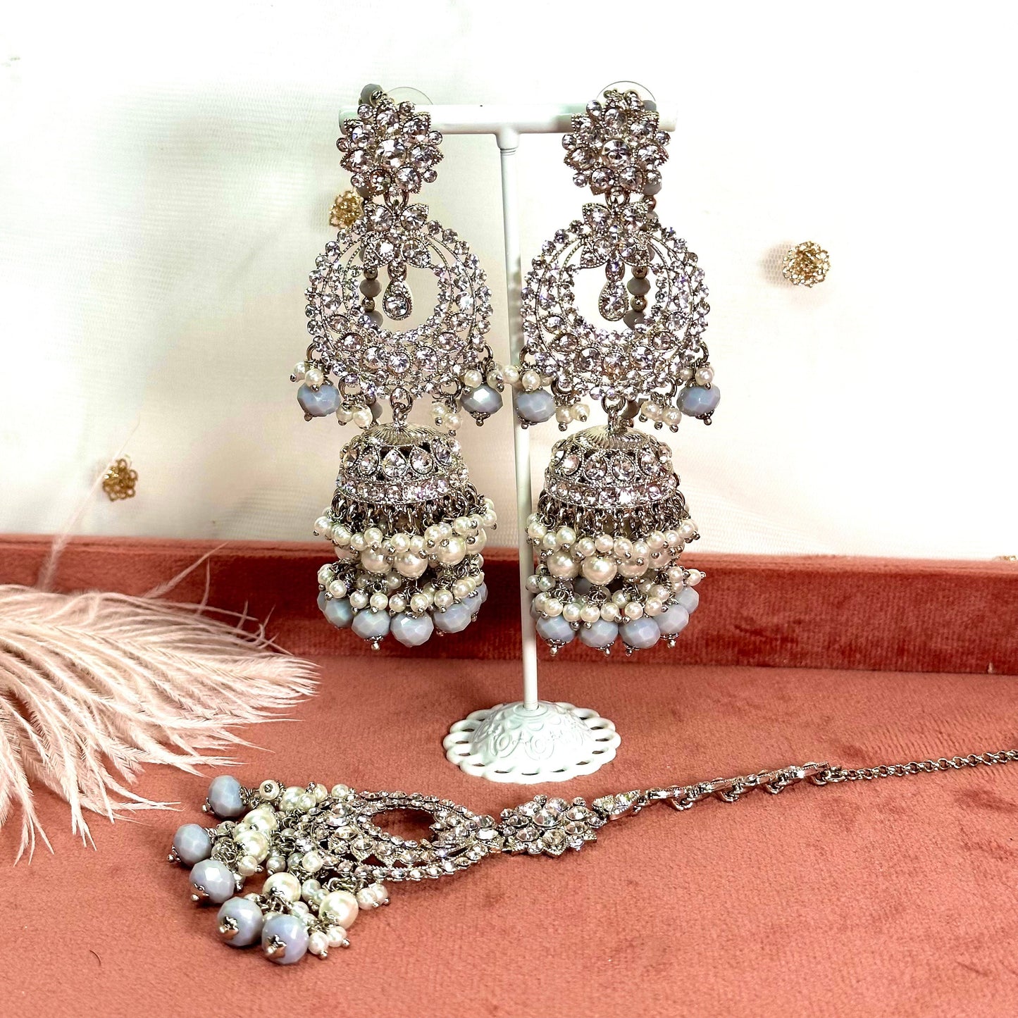Silver Jhumka Earring and Tikka Set/ Jhumki Earring Indian/ Pakistani Style