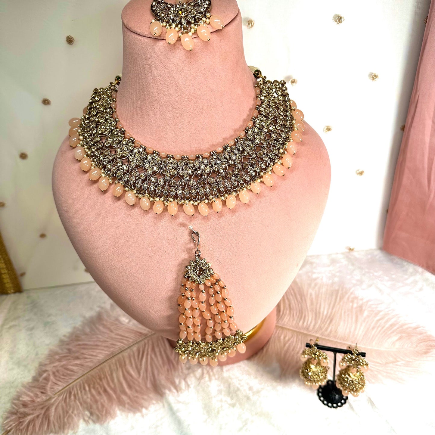 Bridal Antique Gold and Peach Necklace Set Indian/ Pakistani Style/ Wedding/ Fashion Jewellery/ Necklace set