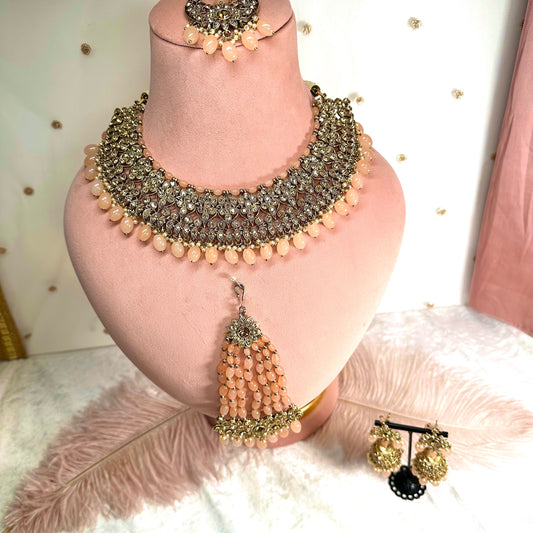 Bridal Antique Gold and Peach Necklace Set Indian/ Pakistani Style/ Wedding/ Fashion Jewellery/ Necklace set