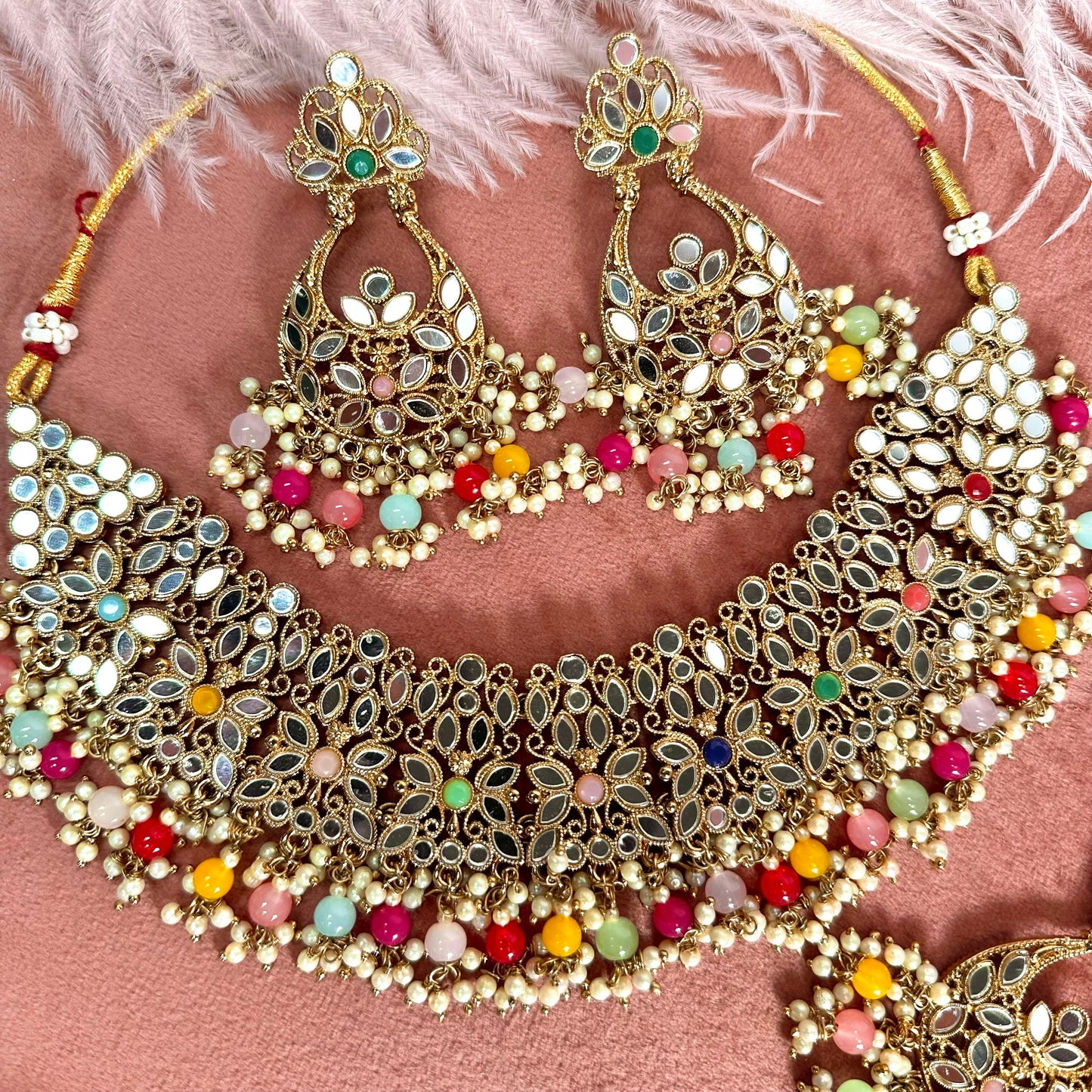 Mirror Multicolour Necklace Set Earring/ Tikka/ Tikli/ Indian/ Pakistani/Fashion Jewellery/ Gift for Women