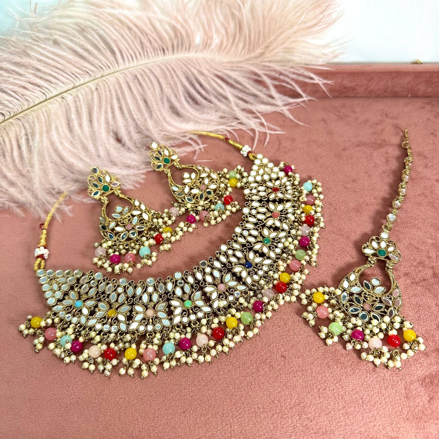 Mirror Multicolour Necklace Set Earring/ Tikka/ Tikli/ Indian/ Pakistani/Fashion Jewellery/ Gift for Women