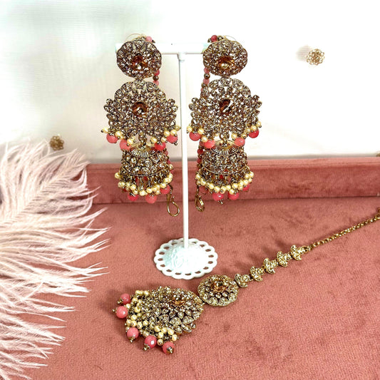 Golden Jhumka Earring and Tikka Set/ Earring Indian/ Pakistani Style/ Jhumki/ Tikli