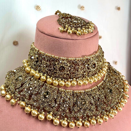 Antique Gold & Champagne Bridal Double Necklace Set