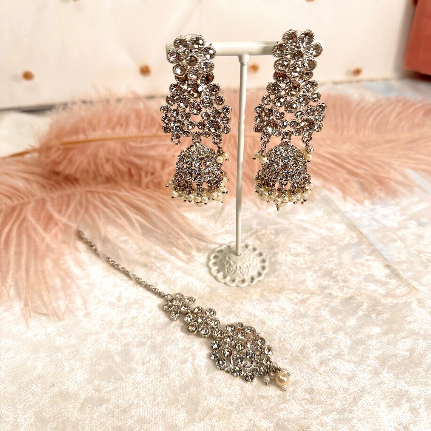 Silver Short Mala Set Earring/ Tikka/ Tikli/ Indian/ Pakistani/Fashion Jewellery/ Gift for Women