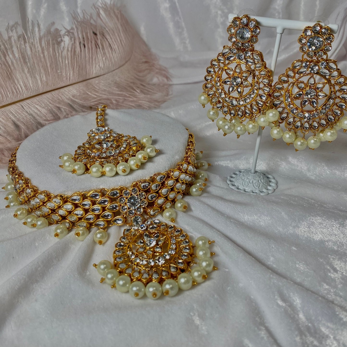 Golden Pearl Choker set Earring/ Tikka/ Tikli/ Indian/ Pakistani/Fashion Jewellery/ Gift for Women