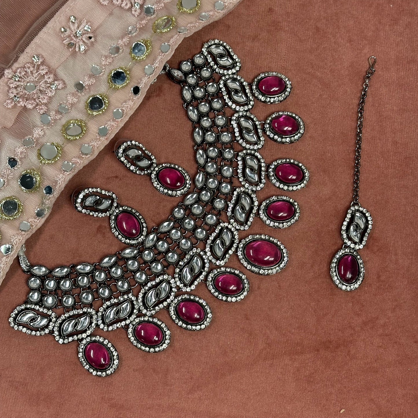 Black and Silver Faux Kundan Necklace Set Earring/ Tikka/ Tikli/ Indian/ Pakistani/Fashion Jewellery/ Gift for Women