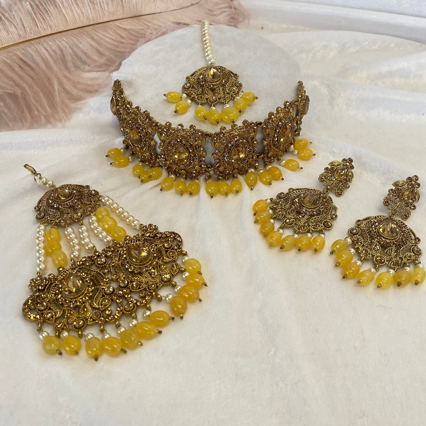 Golden and Yellow Bead Choker Indian/ Pakistani Style With Jhumar/ Wedding/ Fashion Jewellery/ Necklace set