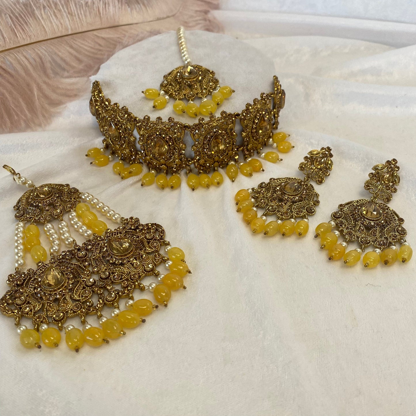 Golden and Yellow Bead Choker Indian/ Pakistani Style With Jhumar/ Wedding/ Fashion Jewellery/ Necklace set