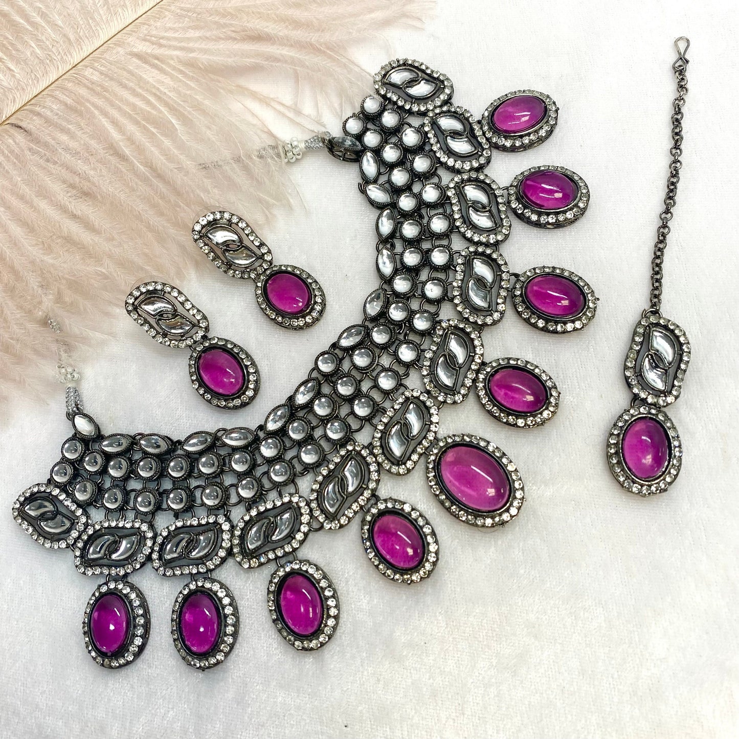 Black and Silver Faux Kundan Necklace Set Earring/ Tikka/ Tikli/ Indian/ Pakistani/Fashion Jewellery/ Gift for Women