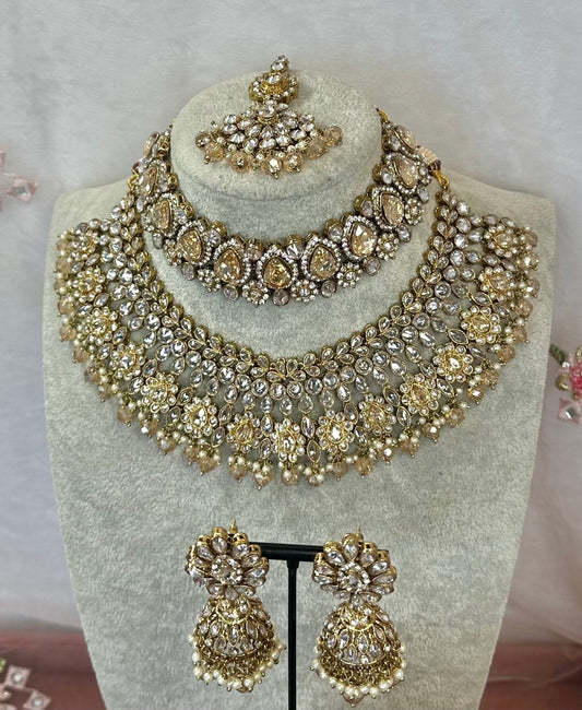 Golden Glow Bridal Set Indian/ Pakistani Style/ Choker/ Necklace/ Jhumka Earring/ Tikka/Tikli/ Wedding
