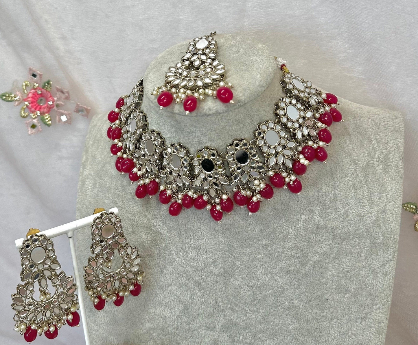 Mirror Necklace Set - Ruby Earring/ Tikka/ Tikli/ Indian/ Pakistani/Fashion Jewellery/ Gift for Women