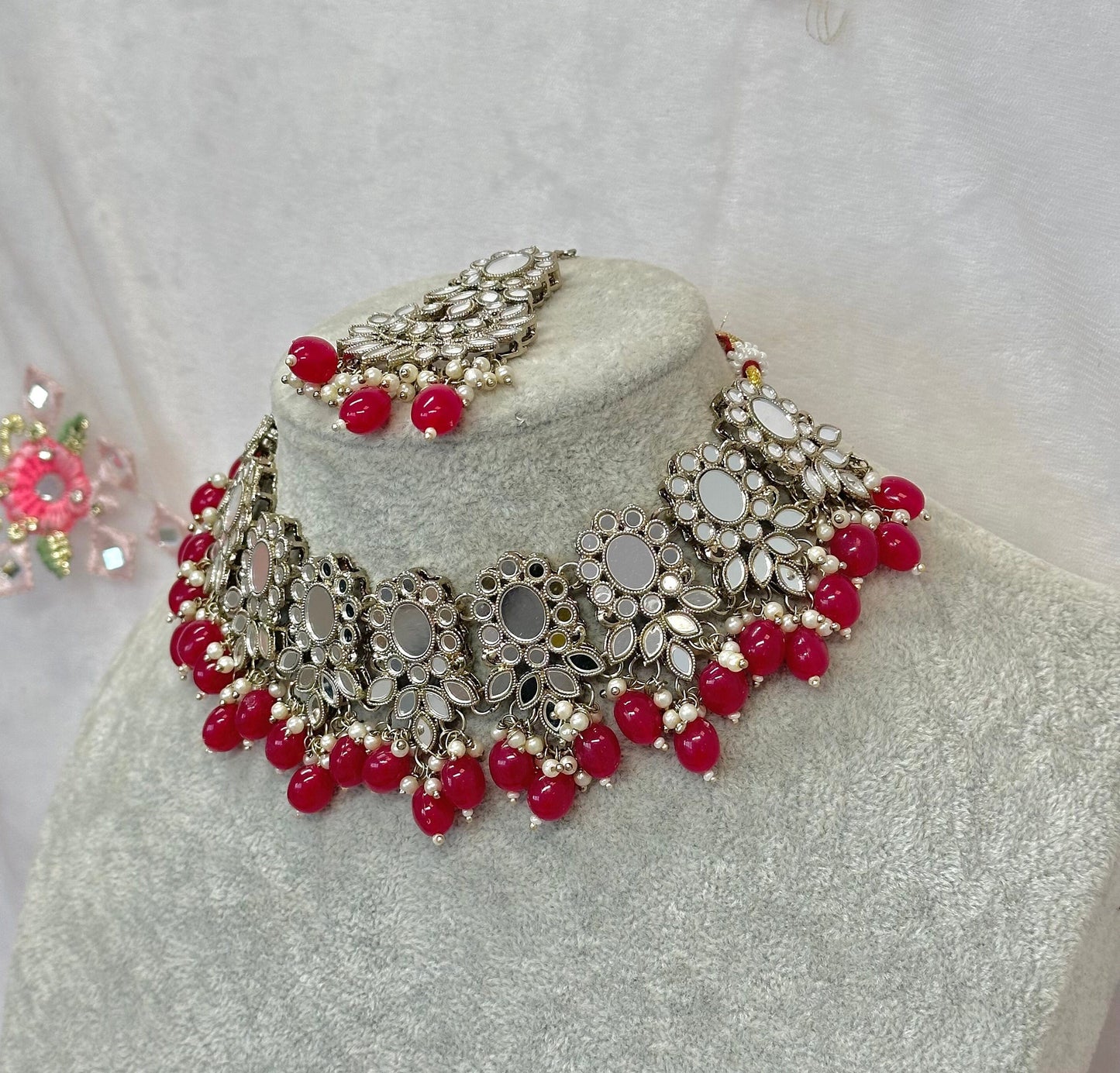Mirror Necklace Set - Ruby Earring/ Tikka/ Tikli/ Indian/ Pakistani/Fashion Jewellery/ Gift for Women