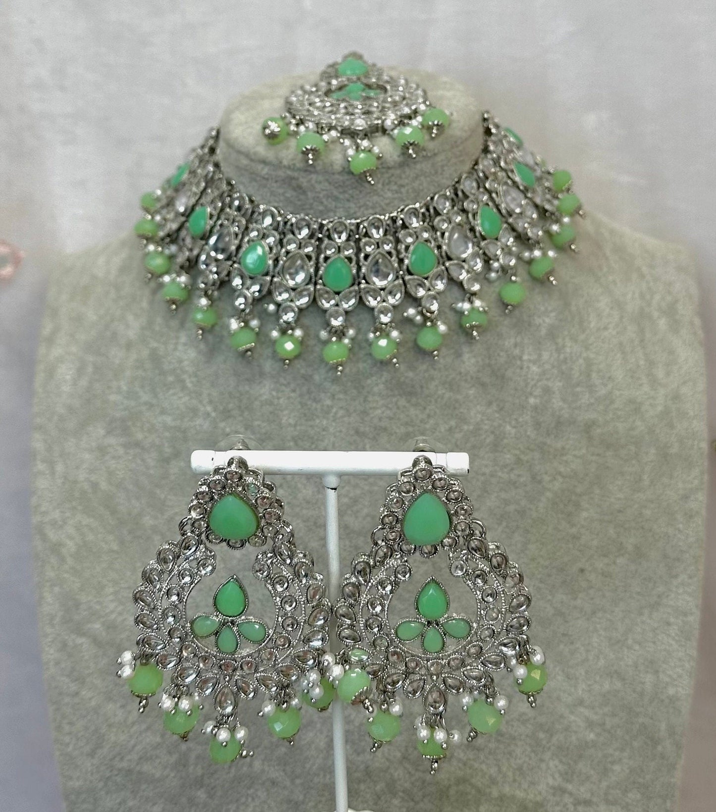 Mirror Necklace Set - Ruby Earring/ Tikka/ Tikli/ Indian/ Pakistani/Fashion Jewellery/ Gift for Women