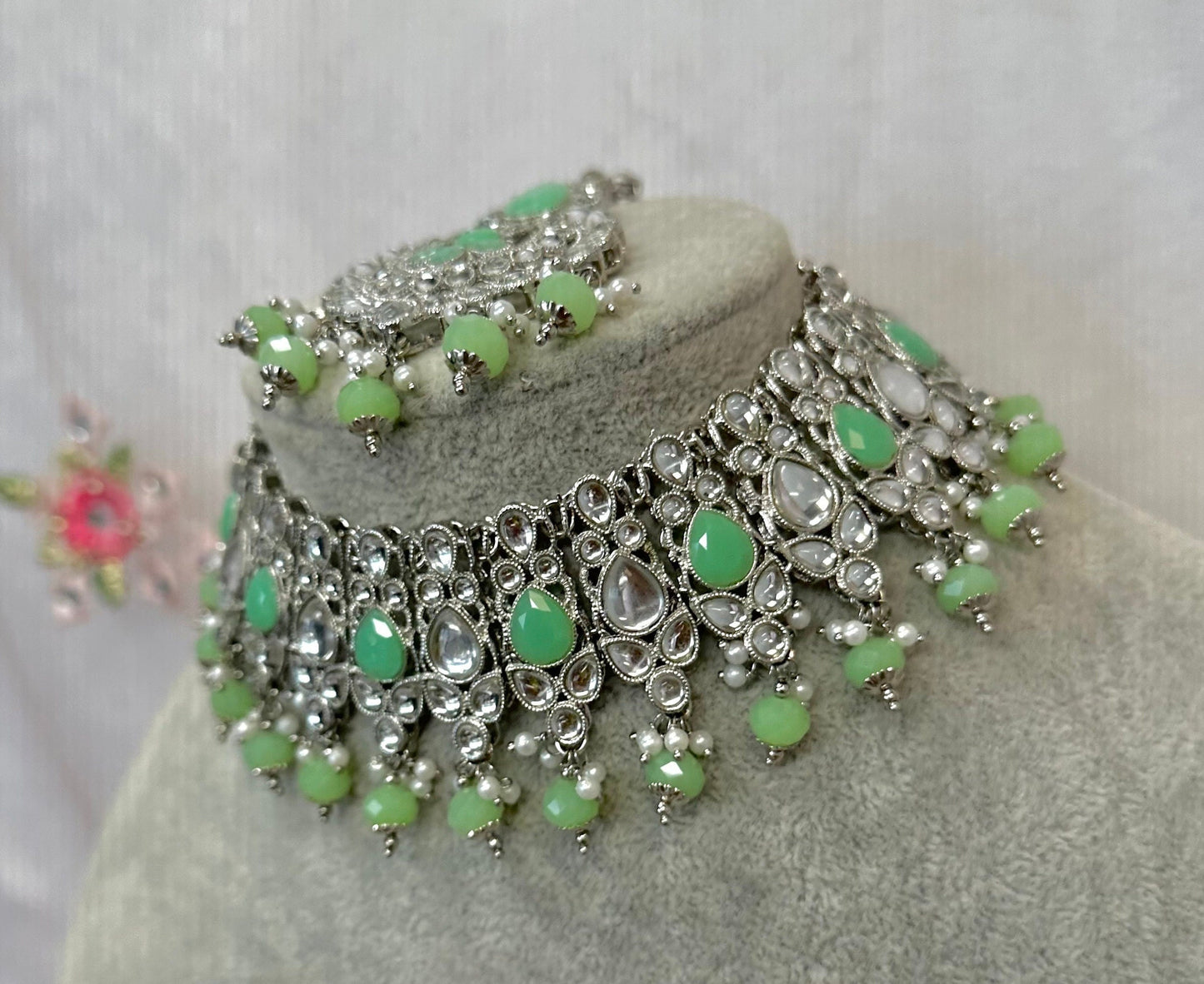 Mirror Necklace Set - Ruby Earring/ Tikka/ Tikli/ Indian/ Pakistani/Fashion Jewellery/ Gift for Women