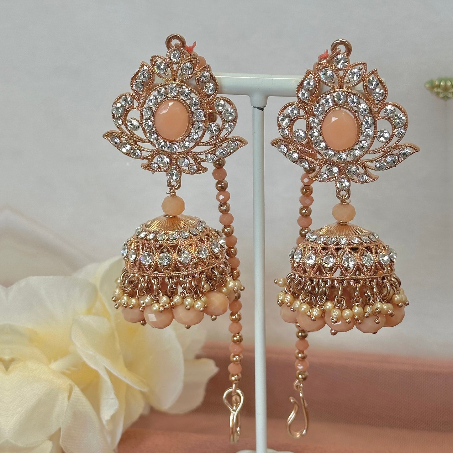 Full Bridal Set - Peach Indian/ Pakistani Style With Choker, Necklace, Earring/Mala/ Long Necklace/ Haar/ Jhumar/ Jhoomar/Wedding