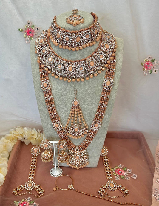 Full Bridal Set - Peach Indian/ Pakistani Style With Choker, Necklace, Earring/Mala/ Long Necklace/ Haar/ Jhumar/ Jhoomar/Wedding