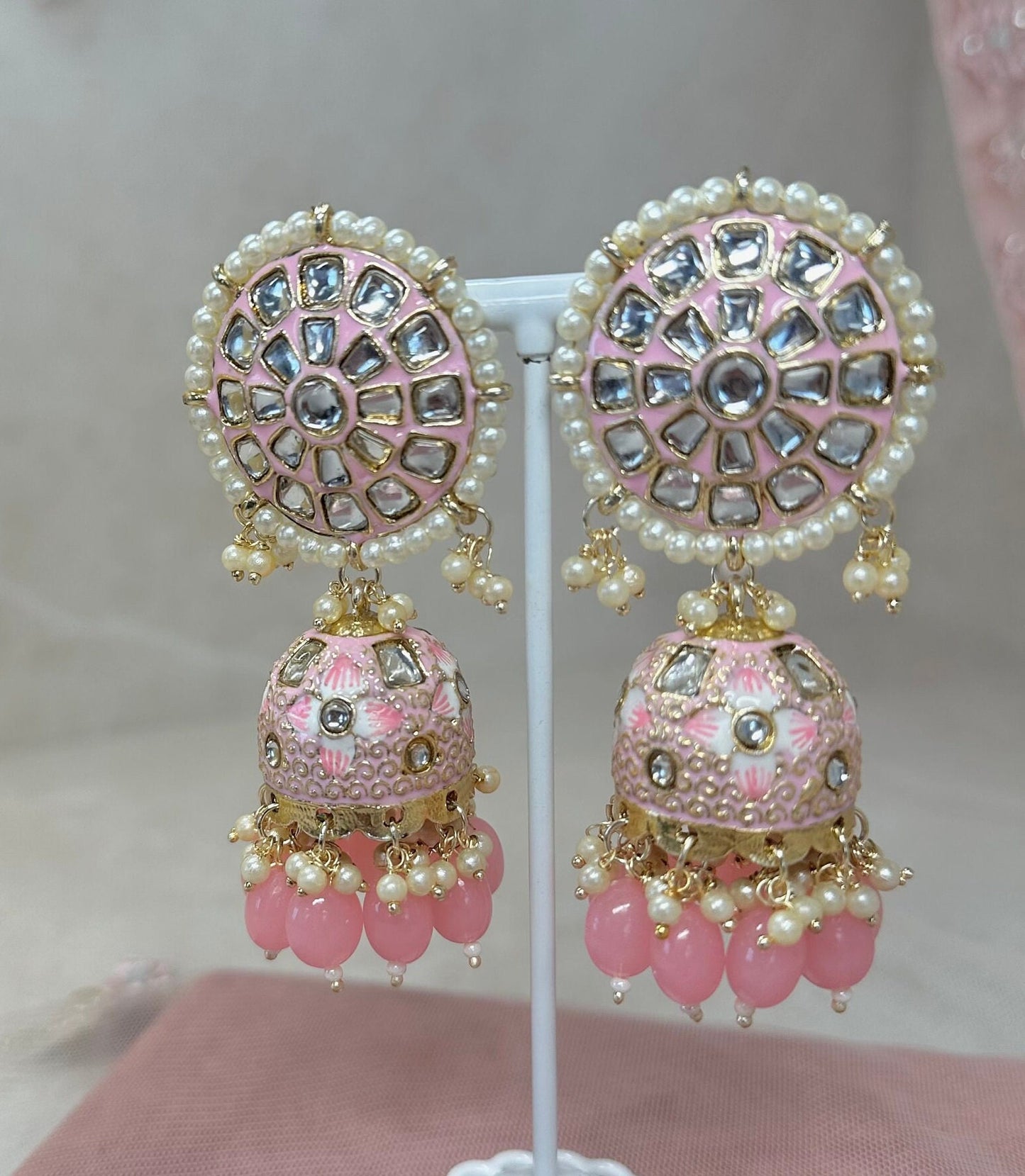 Meenakari/ Indian/ Pakistani Style/Painted Jhumka Earrings - Pink