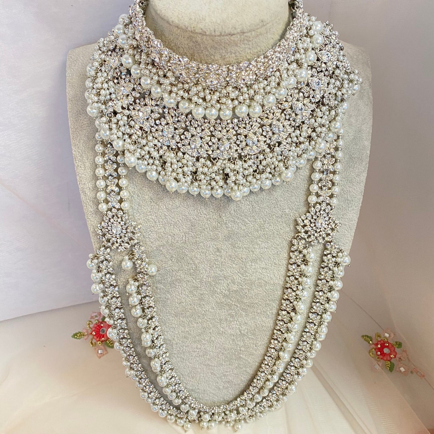 Silver Sparkly Double Necklace Bridal set