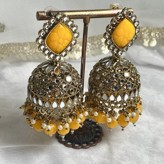 Yellow Large Mirror Jhumka Earrings