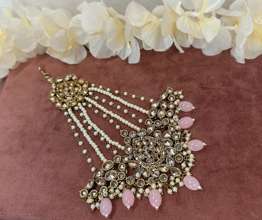 Antique Gold Jhumar - Light pink/ Passa/ Indian/ Pakistani Style/Headpieces