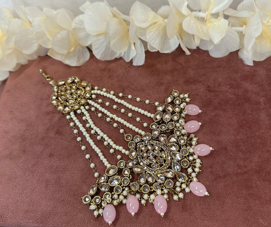 Antique Gold Jhumar - Light pink/ Passa/ Indian/ Pakistani Style/Headpieces
