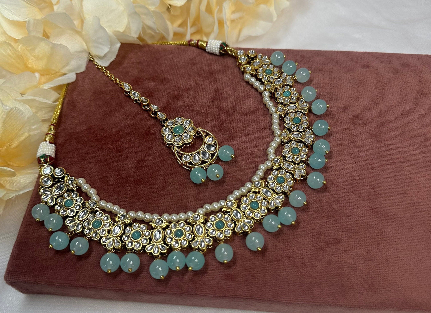 Light Blue Necklace with Tikka