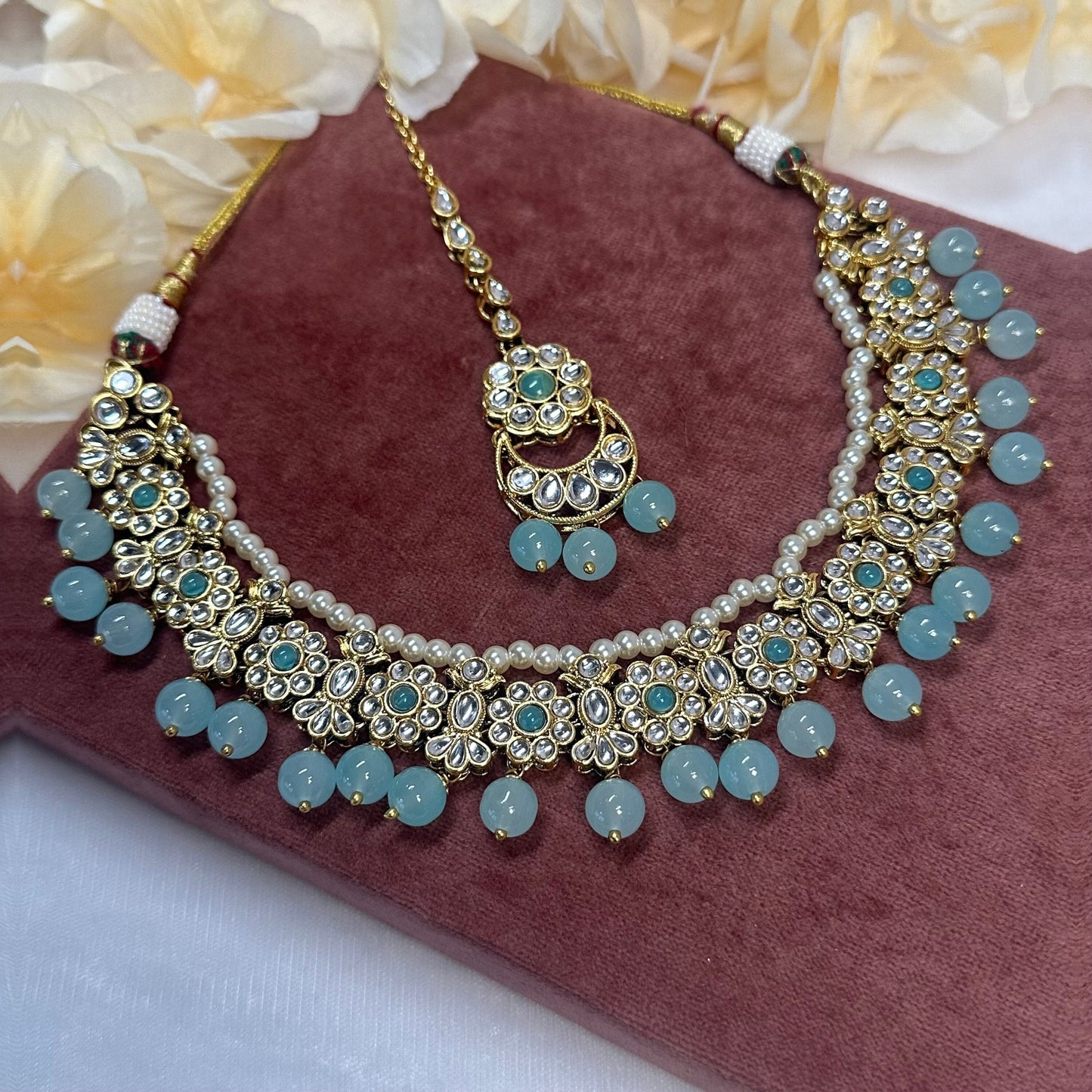 Light Blue Necklace with Tikka