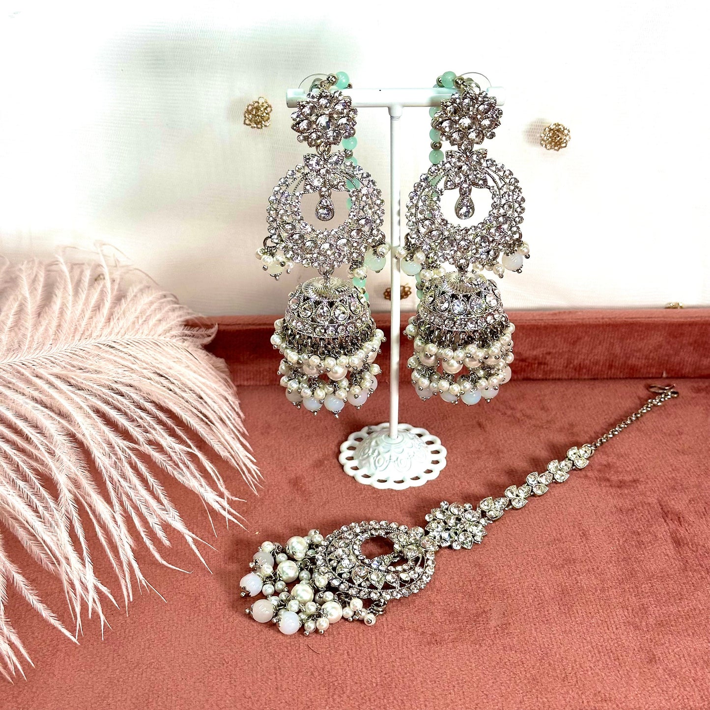 Silver Jhumka Earring and Tikka Set/ Jhumki Earring Indian/ Pakistani Style