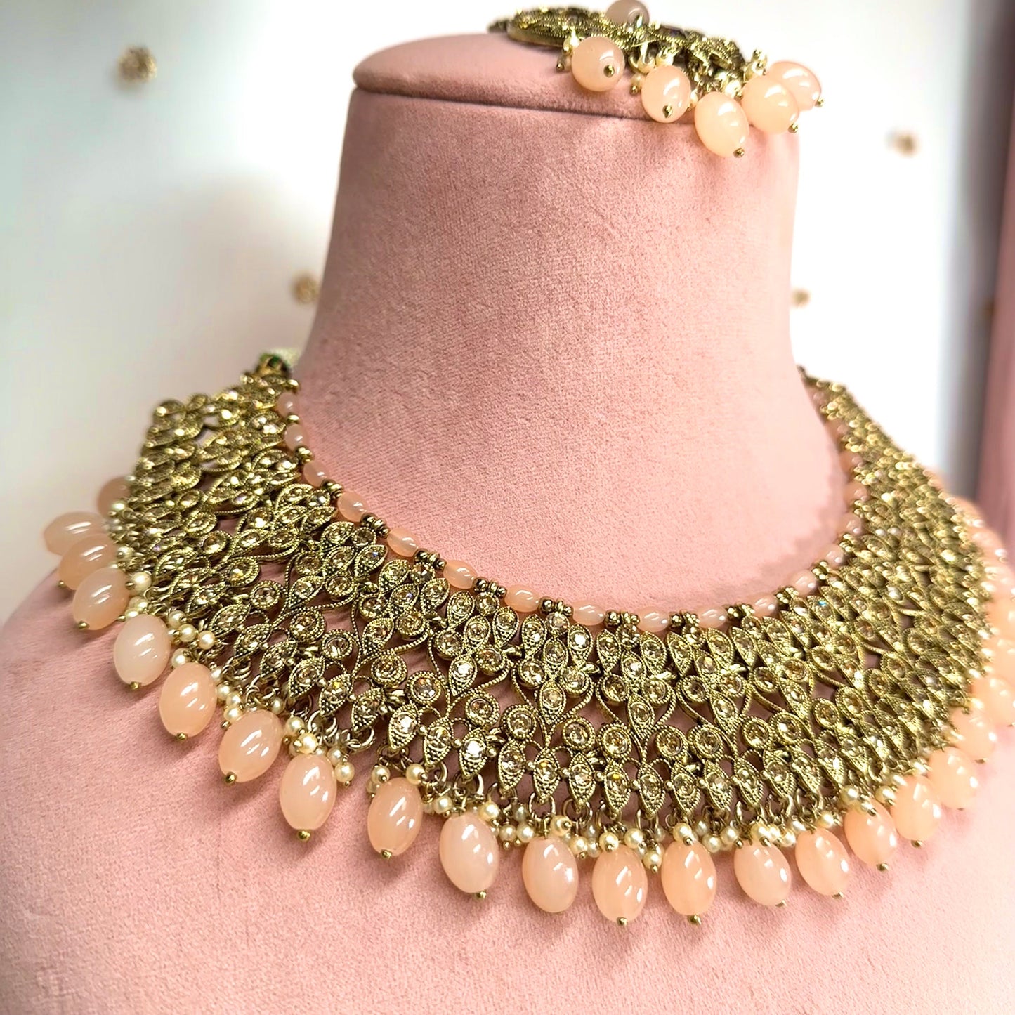 Bridal Antique Gold and Peach Necklace Set Indian/ Pakistani Style/ Wedding/ Fashion Jewellery/ Necklace set