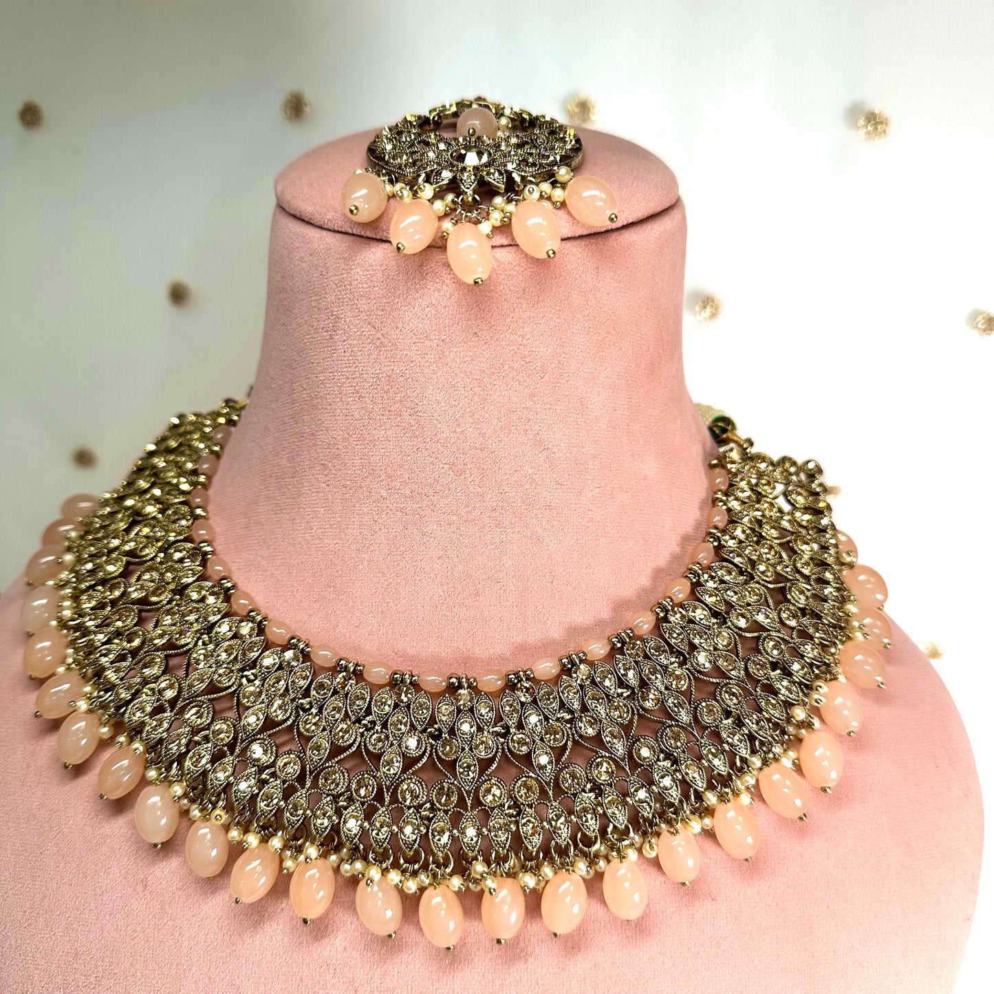 Bridal Antique Gold and Peach Necklace Set Indian/ Pakistani Style/ Wedding/ Fashion Jewellery/ Necklace set