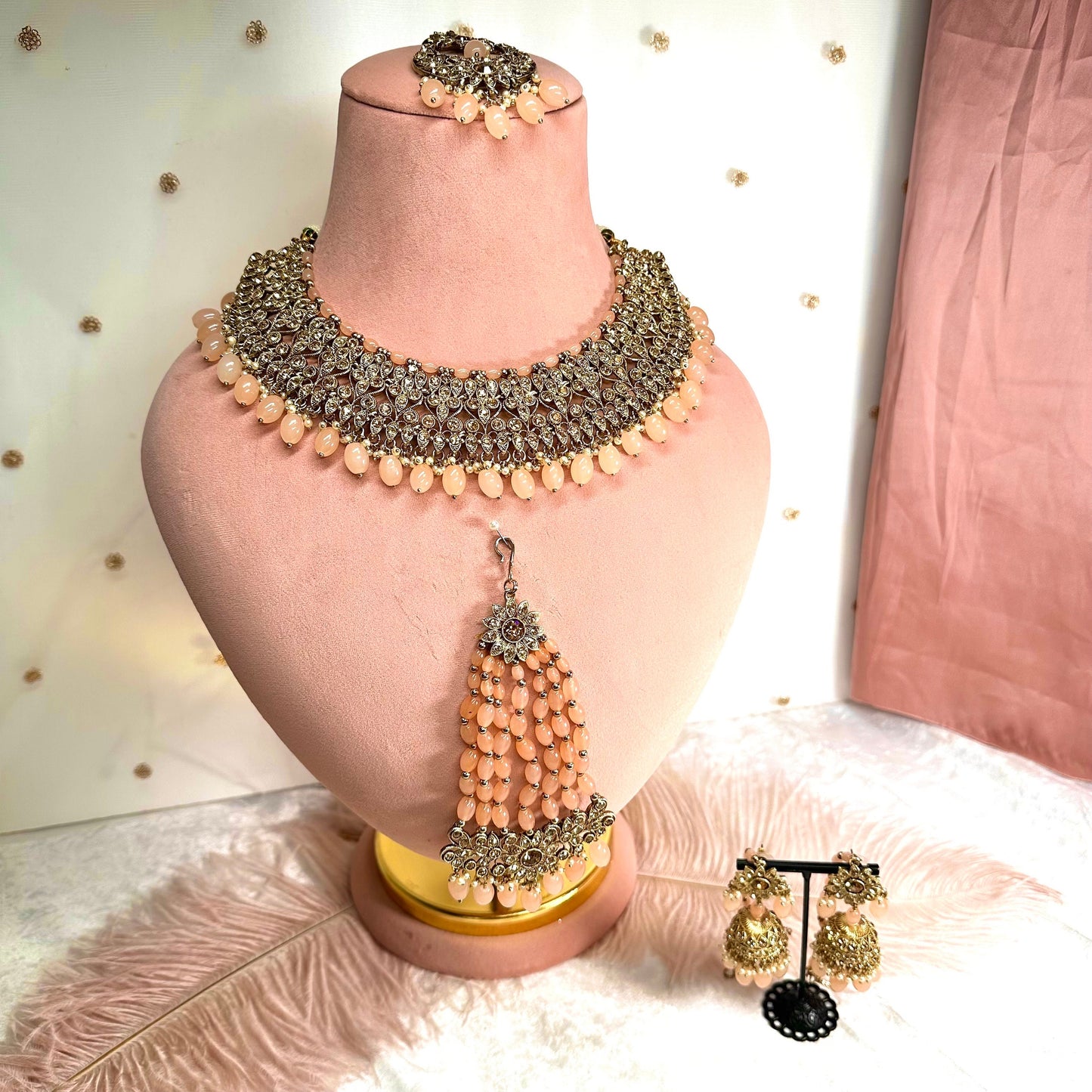 Bridal Antique Gold and Peach Necklace Set Indian/ Pakistani Style/ Wedding/ Fashion Jewellery/ Necklace set