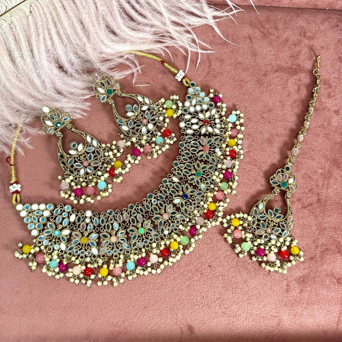 Mirror Multicolour Necklace Set Earring/ Tikka/ Tikli/ Indian/ Pakistani/Fashion Jewellery/ Gift for Women