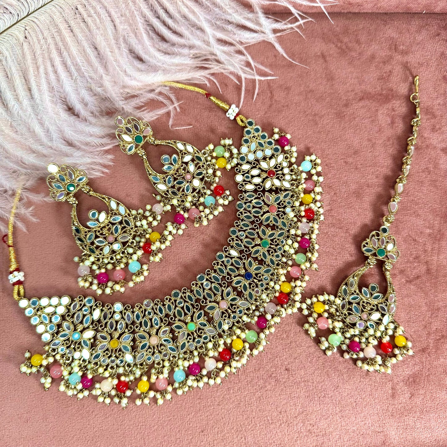 Mirror Multicolour Necklace Set Earring/ Tikka/ Tikli/ Indian/ Pakistani/Fashion Jewellery/ Gift for Women