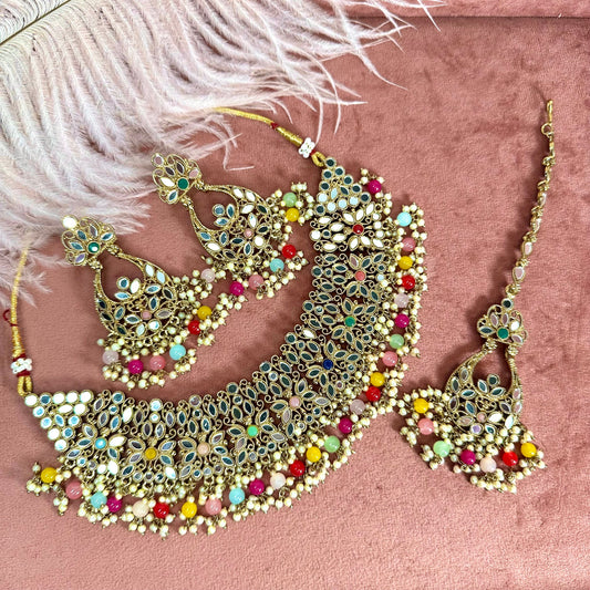 Mirror Multicolour Necklace Set Earring/ Tikka/ Tikli/ Indian/ Pakistani/Fashion Jewellery/ Gift for Women