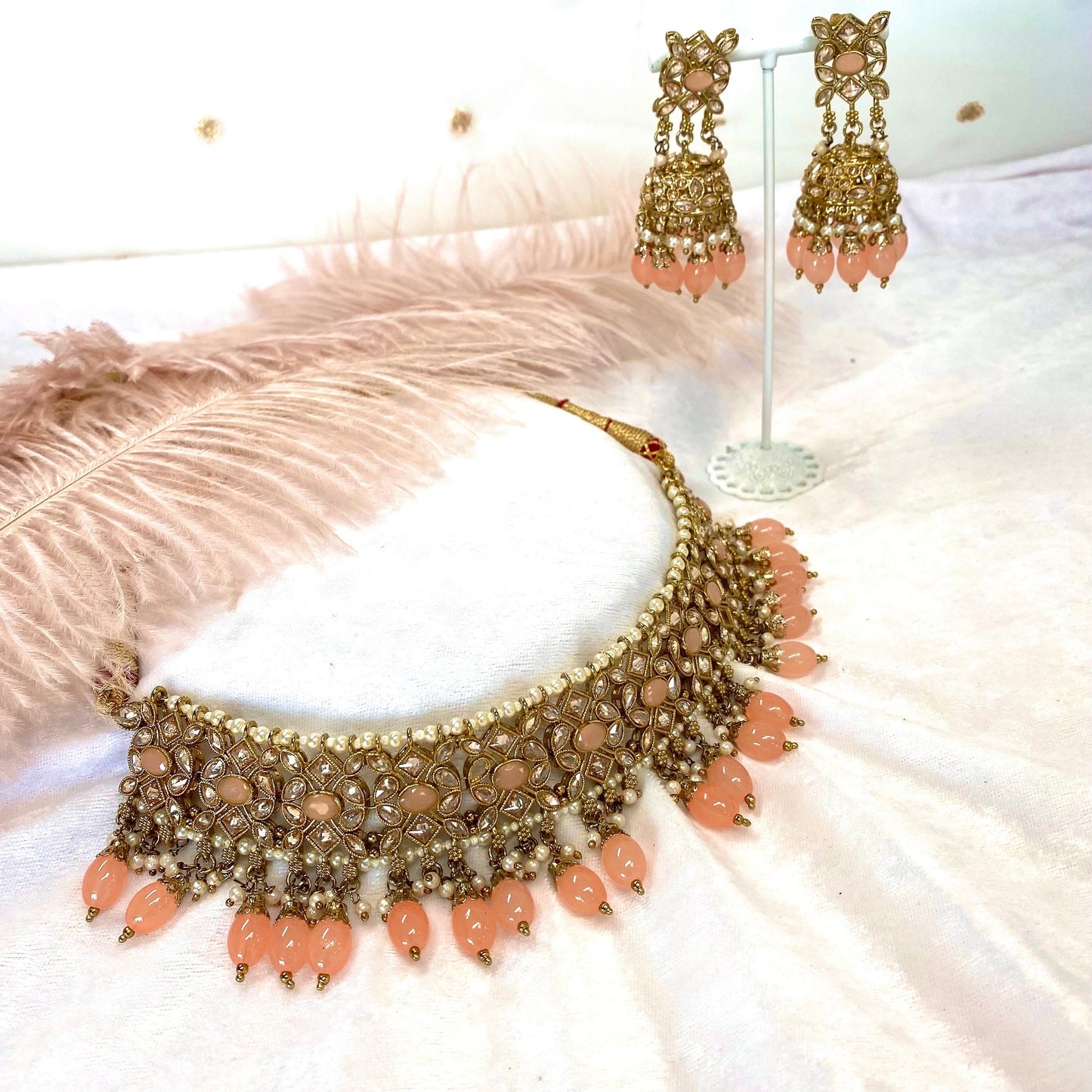 Peach Necklace and Earrings Earring/ Tikka/ Tikli/ Indian/ Pakistani/Fashion Jewellery/ Gift for Women