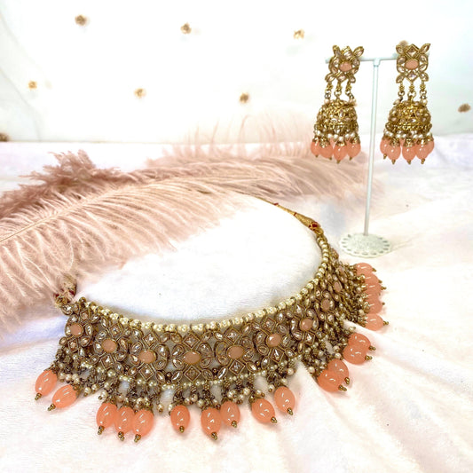 Peach Necklace and Earrings Earring/ Tikka/ Tikli/ Indian/ Pakistani/Fashion Jewellery/ Gift for Women