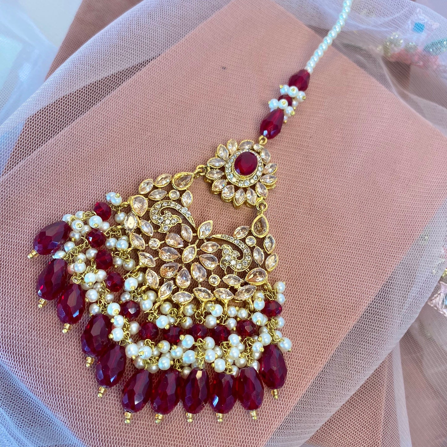 Maroon Pearl Jhumar and Tikka