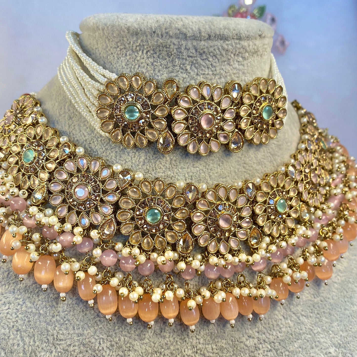Floral Pastel Bridal Double Necklace Set (Peach/Pink)