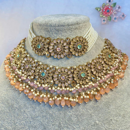 Floral Pastel Bridal Double Necklace Set (Peach/Pink)
