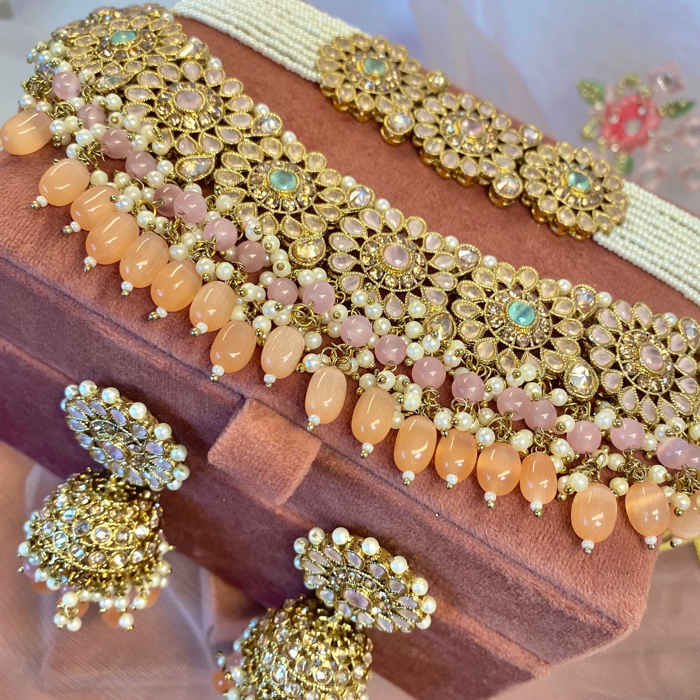 Floral Pastel Bridal Double Necklace Set (Peach/Pink)