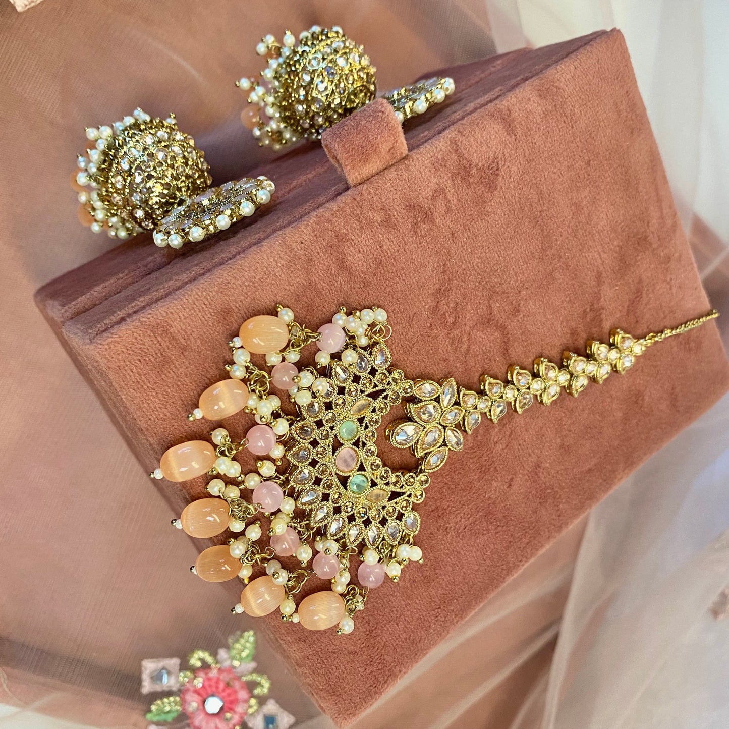 Floral Pastel Bridal Double Necklace Set (Peach/Pink)