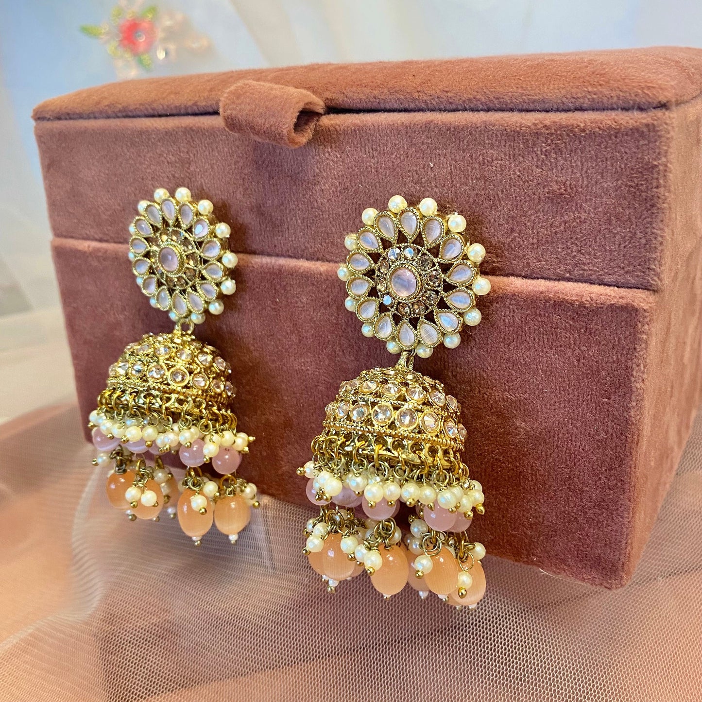 Floral Pastel Bridal Double Necklace Set (Peach/Pink)