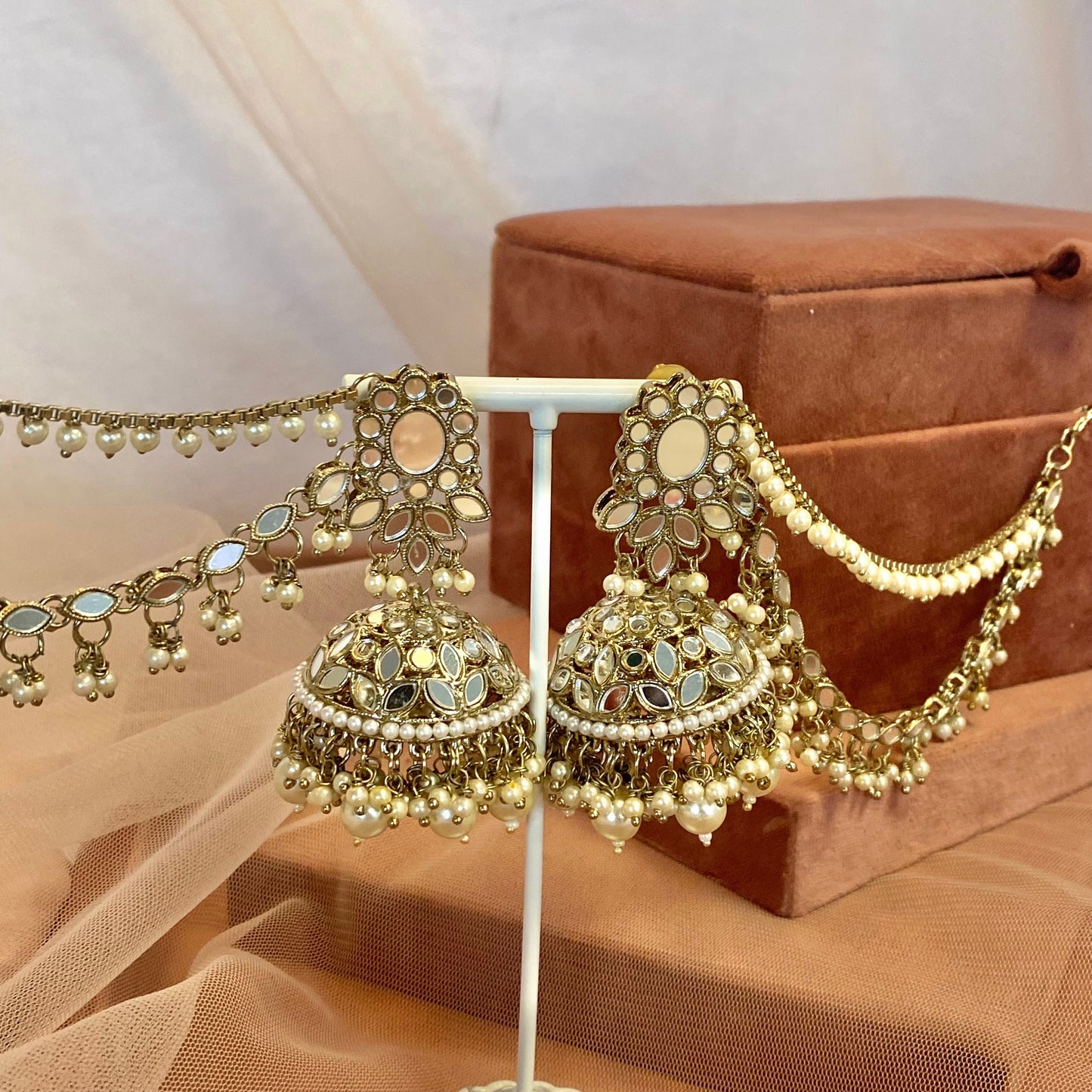 Silver Mirror Jhumka Earrings with Chain detail